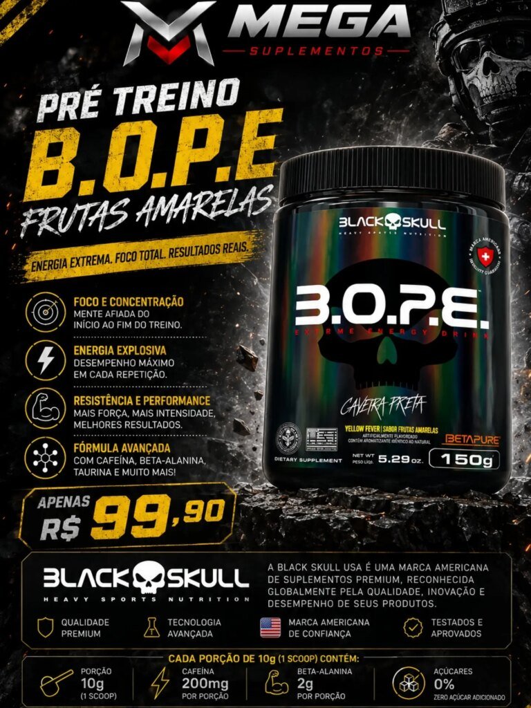 B.O.P.E Black Skull: pré-treino promete alta performance por R$99,90 na Mega Suplementos