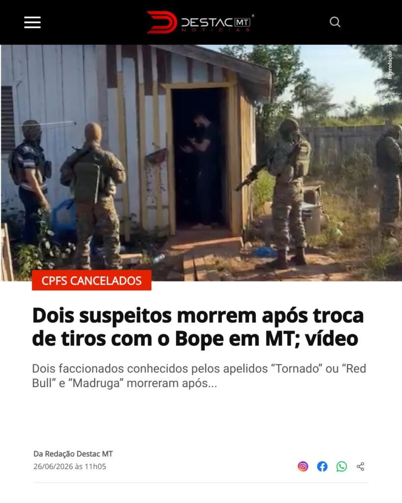 Confronto entre BOPE e suspeitos de facção criminosa resulta em dois mortos em Colniza (MT)