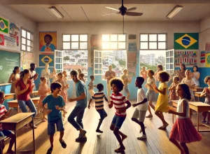 DALL·E-2024-10-16-22.01.14-A-lively-scene-of-children-dancing-in-a-classroom-in-Rio-de-Janeiro.-The.webp